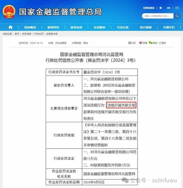 “金租新规”后首张违规关联交易罚单！河北金租被罚75万 年内16家金租罚款已达1880万